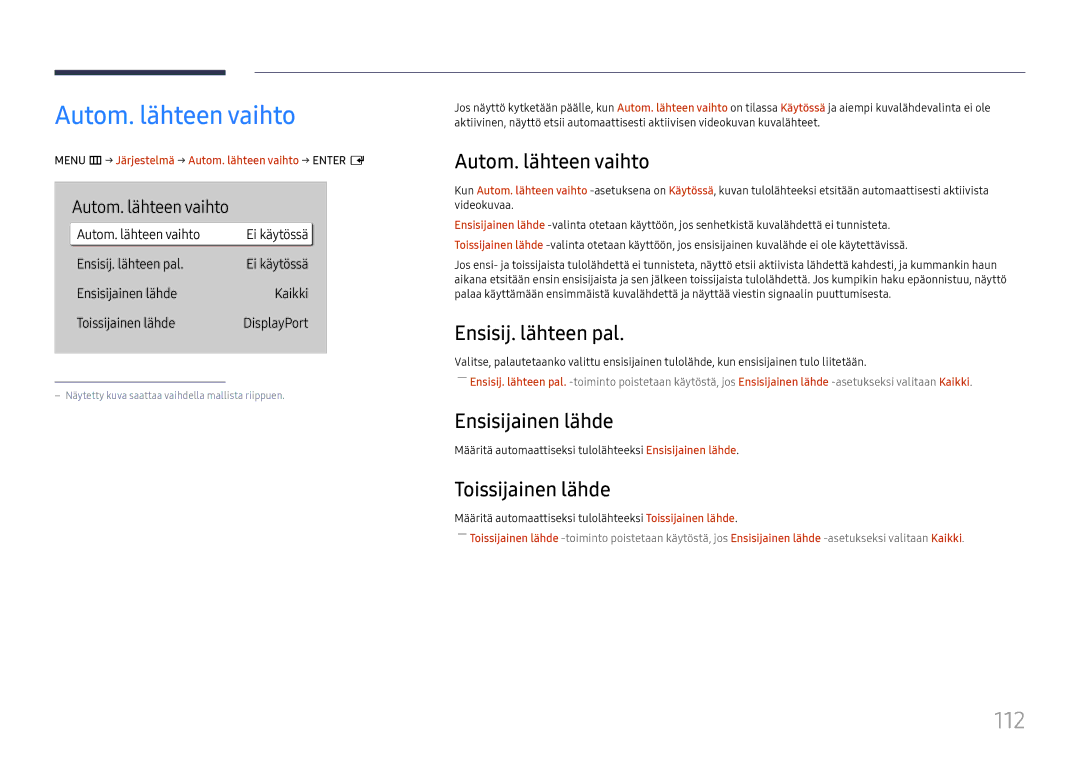 Samsung LH65QMHPLGC/EN, LH65QBHPLGC/EN, LH75QBHPLGC/EN, LH49DBJPLGC/EN, LH43DBJPLGC/EN manual Autom. lähteen vaihto, 112 