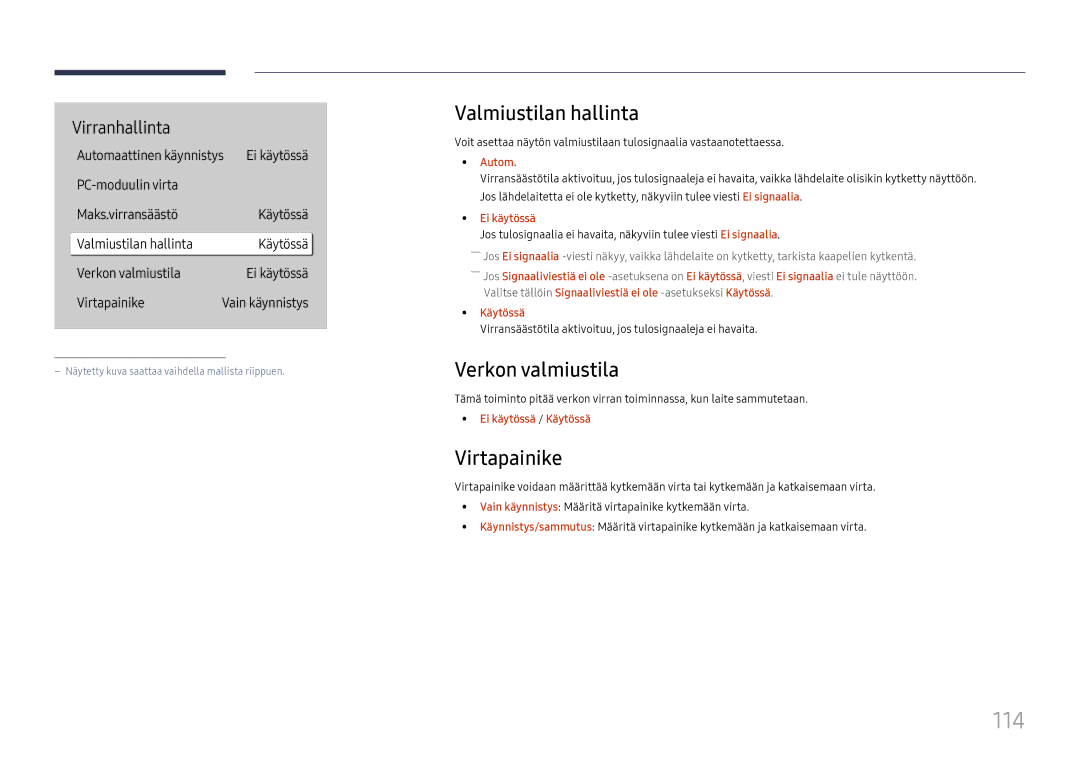 Samsung LH55QMHPLGC/EN, LH65QBHPLGC/EN, LH75QBHPLGC/EN 114, Valmiustilan hallinta, Verkon valmiustila, Virtapainike, Autom 