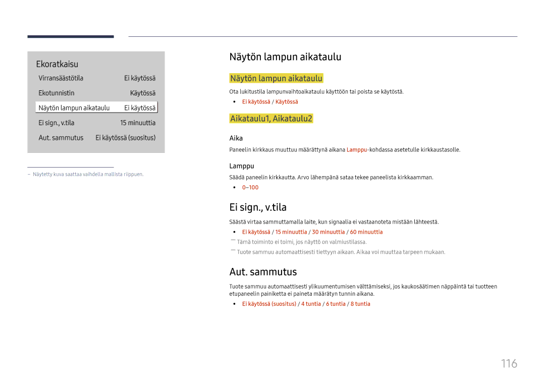 Samsung LH49QMHPLGC/EN, LH65QBHPLGC/EN, LH75QBHPLGC/EN manual 116, Näytön lampun aikataulu, Ei sign., v.tila, Aut. sammutus 