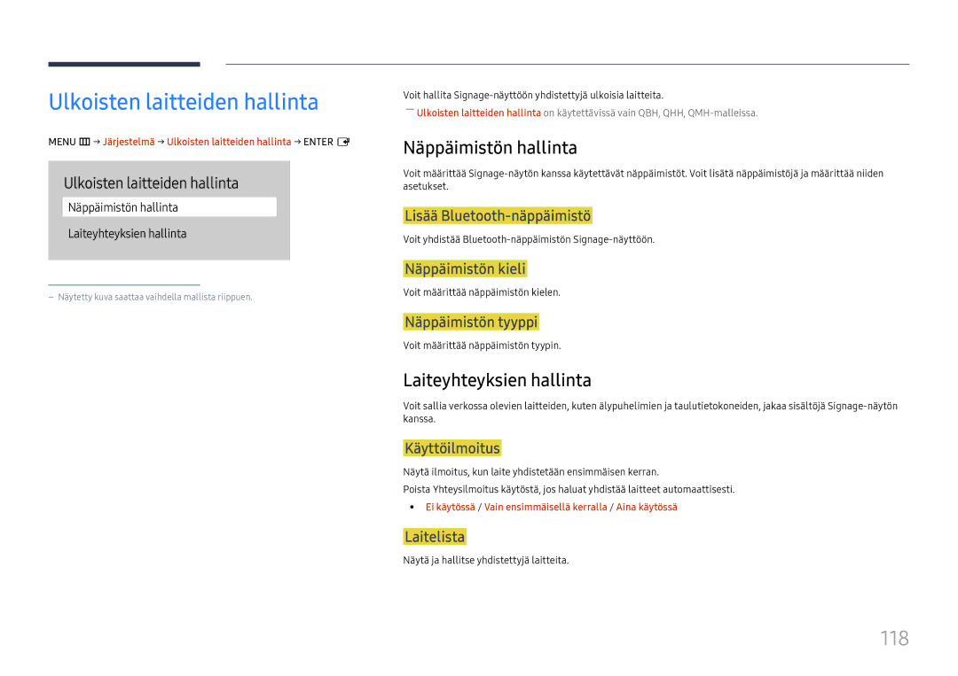 Samsung LH75QBHPLGC/EN, LH65QBHPLGC/EN Ulkoisten laitteiden hallinta, 118, Näppäimistön hallinta, Laiteyhteyksien hallinta 