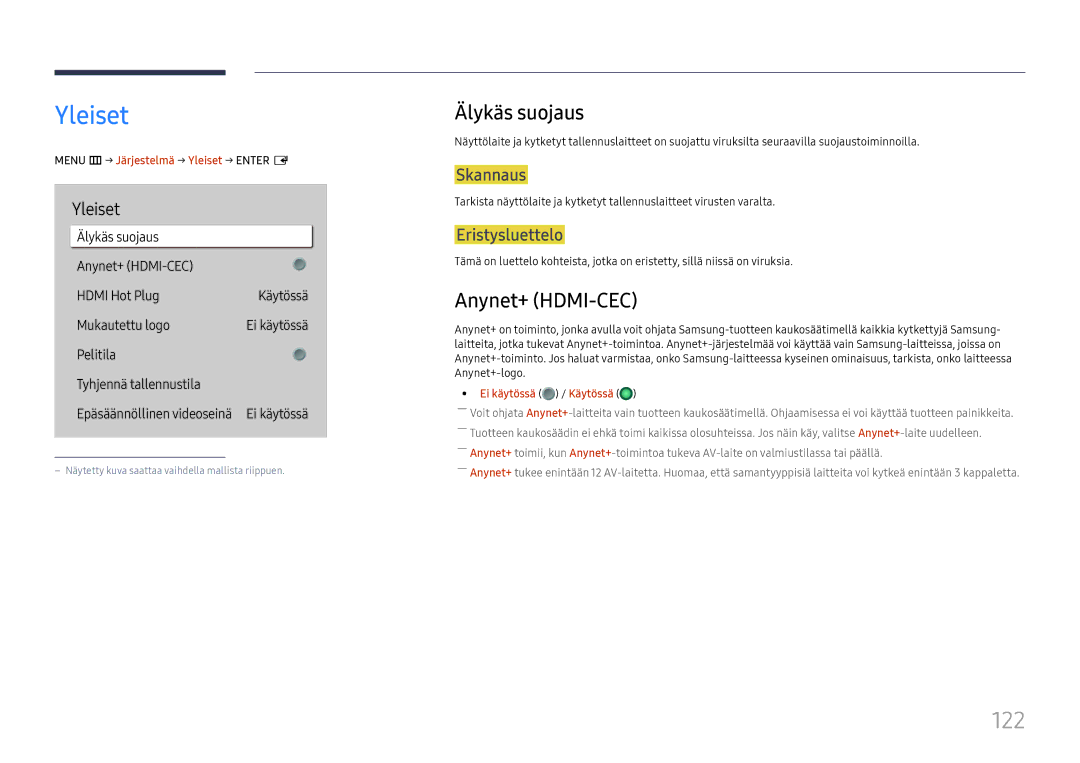 Samsung LH65QHHPLGC/EN, LH65QBHPLGC/EN, LH75QBHPLGC/EN, LH49DBJPLGC/EN manual Yleiset, 122, Älykäs suojaus, Anynet+ HDMI-CEC 