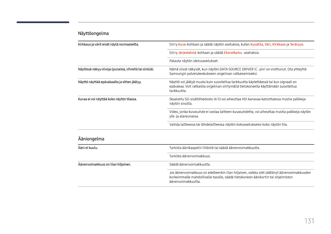 Samsung LH65QHHPLGC/EN, LH65QBHPLGC/EN, LH75QBHPLGC/EN, LH49DBJPLGC/EN, LH43DBJPLGC/EN, LH65QMHPLGC/EN manual 131, Ääniongelma 