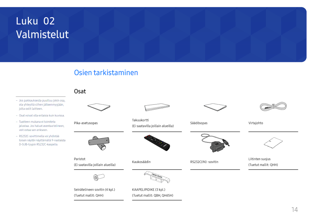 Samsung LH65QHHPLGC/EN, LH65QBHPLGC/EN, LH75QBHPLGC/EN, LH49DBJPLGC/EN, LH43DBJPLGC/EN manual Osien tarkistaminen, Osat 