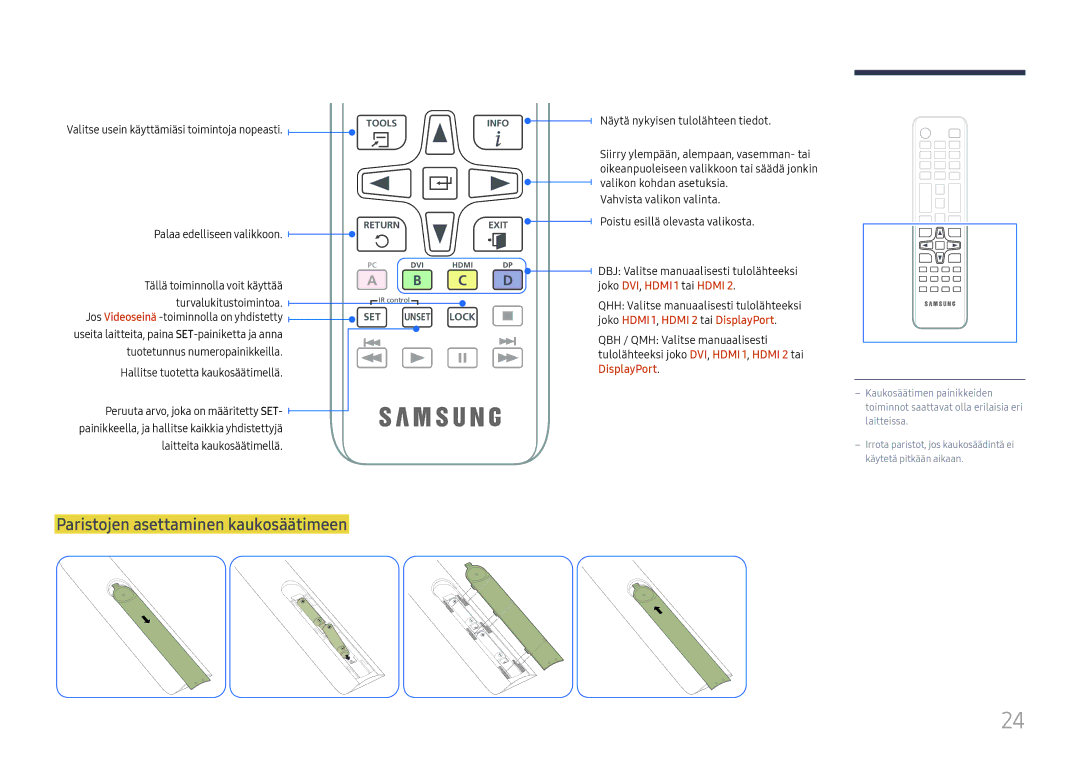 Samsung LH55QMHPLGC/EN manual Paristojen asettaminen kaukosäätimeen, Valitse usein käyttämiäsi toimintoja nopeasti 