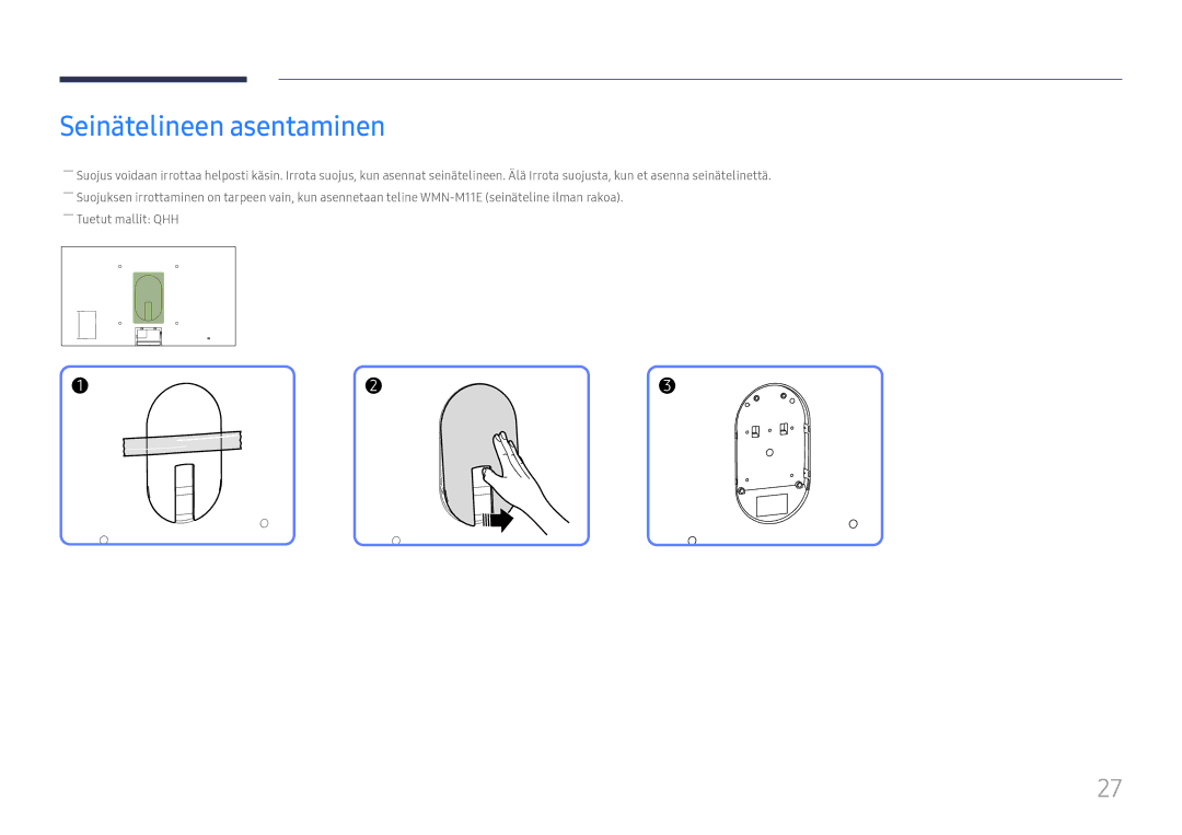 Samsung LH65QBHPLGC/EN, LH75QBHPLGC/EN, LH49DBJPLGC/EN, LH43DBJPLGC/EN, LH65QMHPLGC/EN manual Seinätelineen asentaminen 