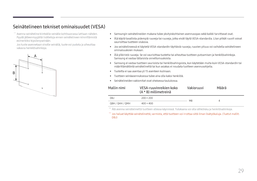 Samsung LH49DBJPLGC/EN, LH65QBHPLGC/EN, LH75QBHPLGC/EN, LH43DBJPLGC/EN manual Seinätelineen tekniset ominaisuudet Vesa 