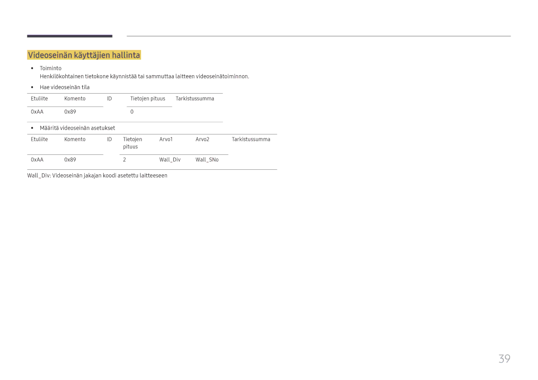 Samsung LH43DBJPLGC/EN, LH65QBHPLGC/EN, LH75QBHPLGC/EN, LH49DBJPLGC/EN, LH65QMHPLGC/EN manual Videoseinän käyttäjien hallinta 