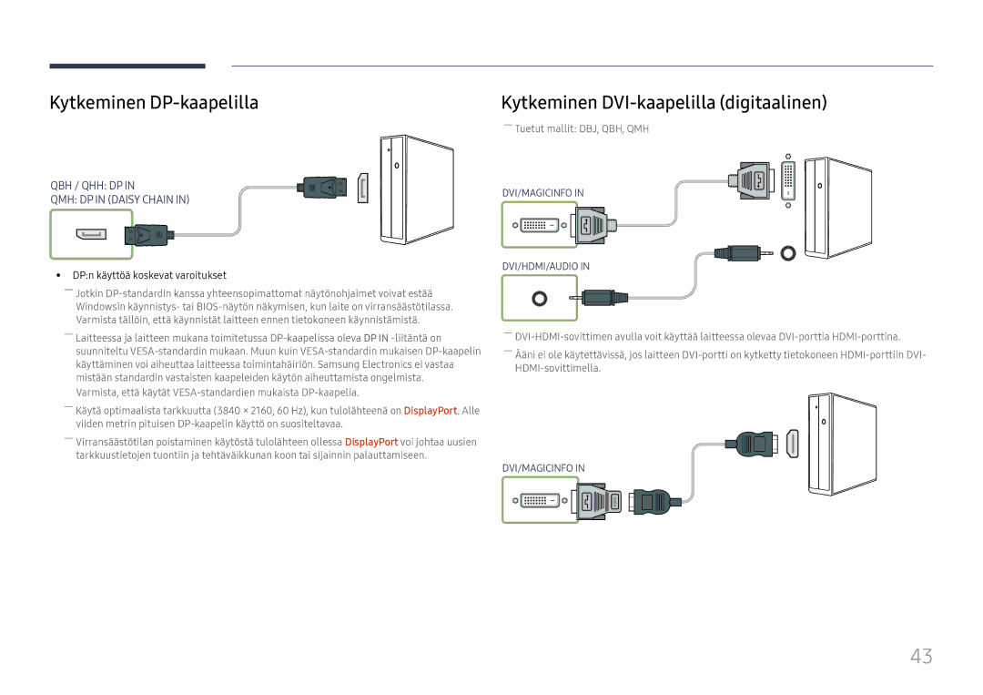 Samsung LH55QHHPLGC/EN, LH65QBHPLGC/EN, LH75QBHPLGC/EN Kytkeminen DP-kaapelilla, Kytkeminen DVI-kaapelilla digitaalinen 