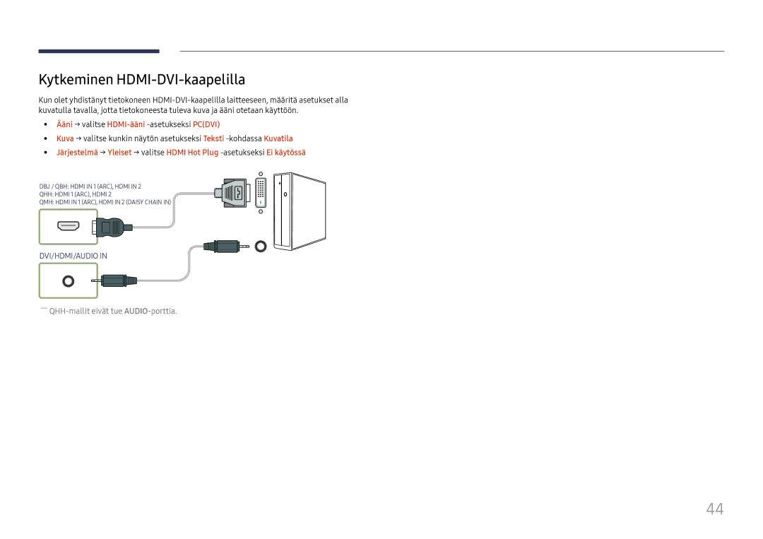 Samsung LH49QMHPLGC/EN, LH65QBHPLGC/EN, LH75QBHPLGC/EN, LH49DBJPLGC/EN, LH43DBJPLGC/EN manual Kytkeminen HDMI-DVI-kaapelilla 