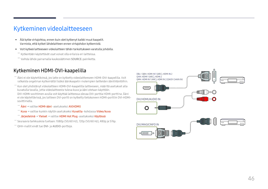 Samsung LH75QBHPLGC/EN, LH65QBHPLGC/EN manual Kytkeminen videolaitteeseen, ――Ääni → valitse HDMI-ääni -asetukseksiAVHDMI 