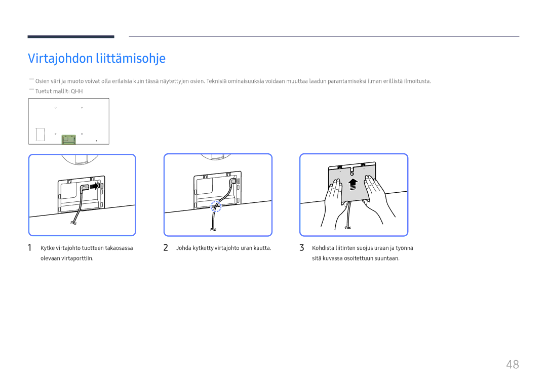 Samsung LH43DBJPLGC/EN, LH65QBHPLGC/EN, LH75QBHPLGC/EN, LH49DBJPLGC/EN, LH65QMHPLGC/EN manual Virtajohdon liittämisohje 