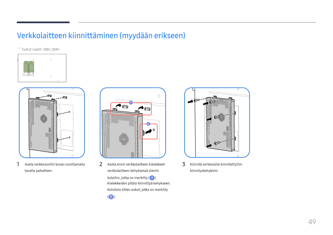 Samsung LH65QMHPLGC/EN, LH65QBHPLGC/EN manual Verkkolaitteen kiinnittäminen myydään erikseen, ――Tuetut mallit QBH, QMH 