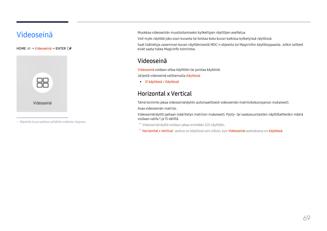 Samsung LH55QMHPLGC/EN, LH65QBHPLGC/EN, LH75QBHPLGC/EN manual Videoseinä, Horizontal x Vertical, Ei käytössä / Käytössä 