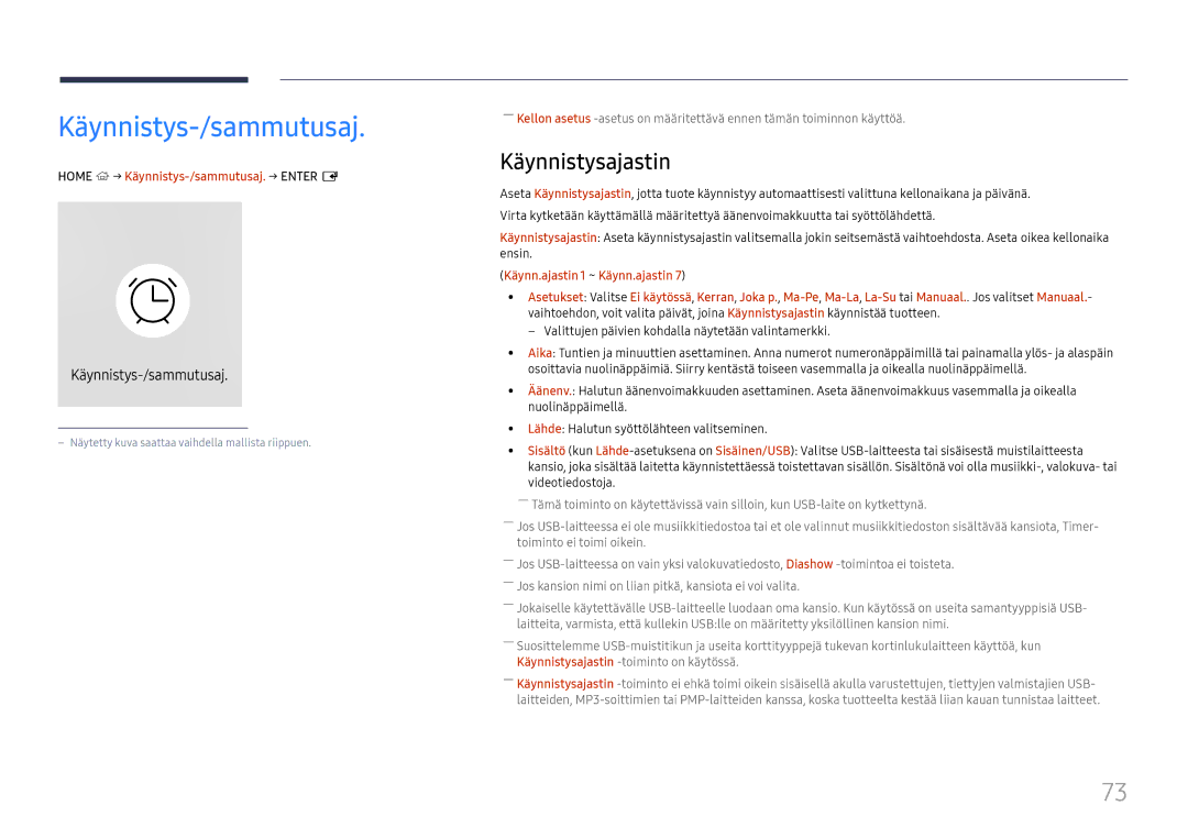 Samsung LH75QBHPLGC/EN, LH65QBHPLGC/EN, LH49DBJPLGC/EN manual Käynnistysajastin, Home → Käynnistys-/sammutusaj. → Enter E 