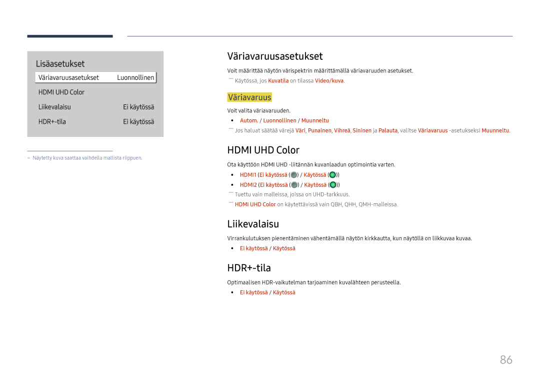 Samsung LH65QHHPLGC/EN, LH65QBHPLGC/EN, LH75QBHPLGC/EN manual Väriavaruusasetukset, Hdmi UHD Color, Liikevalaisu, HDR+-tila 