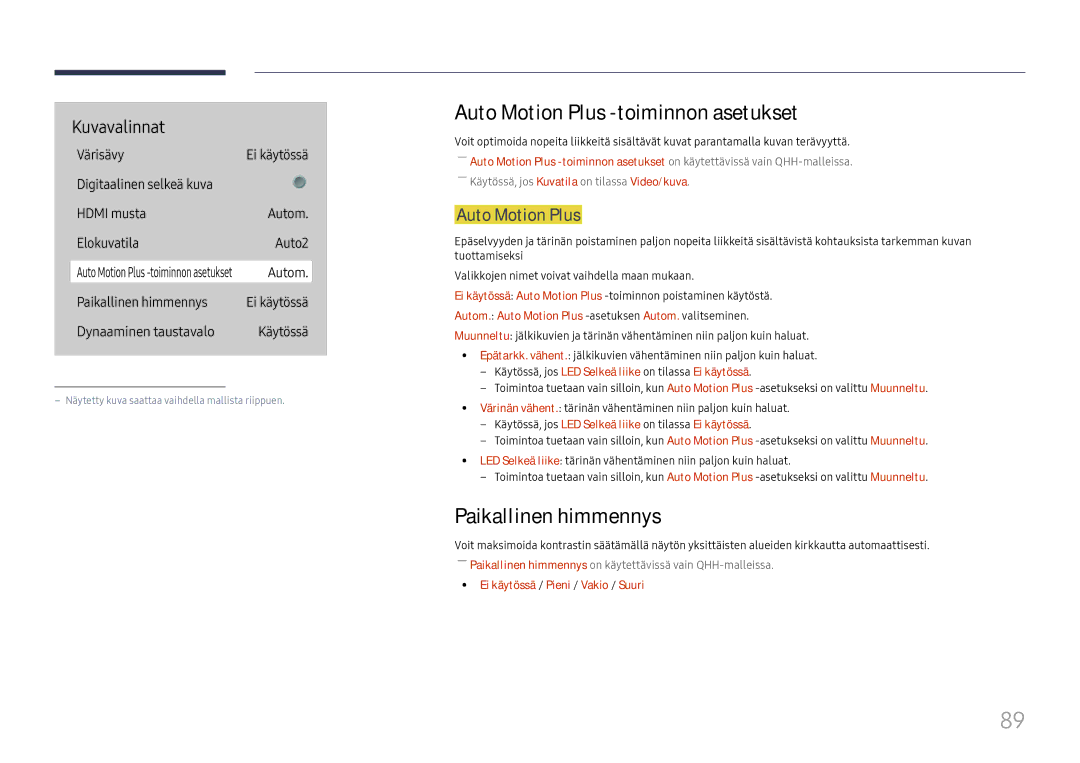 Samsung LH49QMHPLGC/EN, LH65QBHPLGC/EN, LH75QBHPLGC/EN manual Auto Motion Plus -toiminnon asetukset, Paikallinen himmennys 