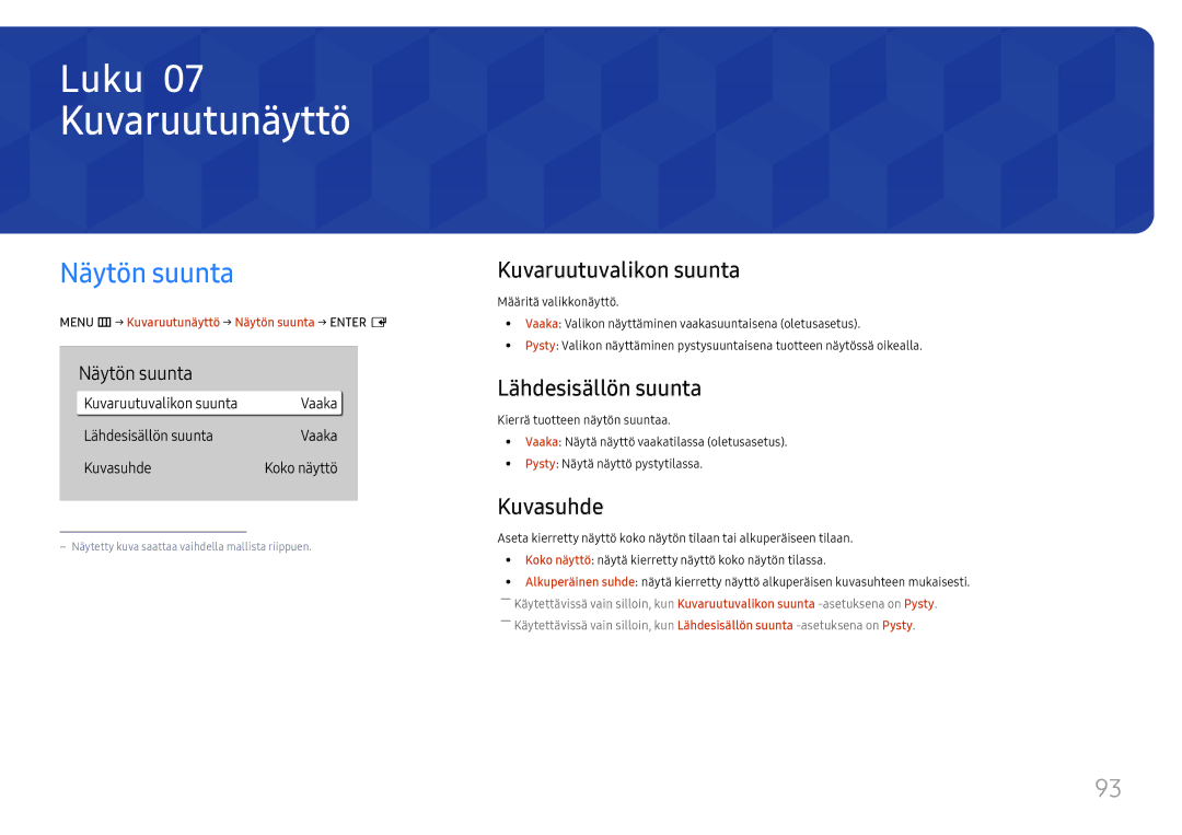 Samsung LH43DBJPLGC/EN manual Kuvaruutunäyttö, Näytön suunta, Kuvaruutuvalikon suunta, Lähdesisällön suunta, Kuvasuhde 