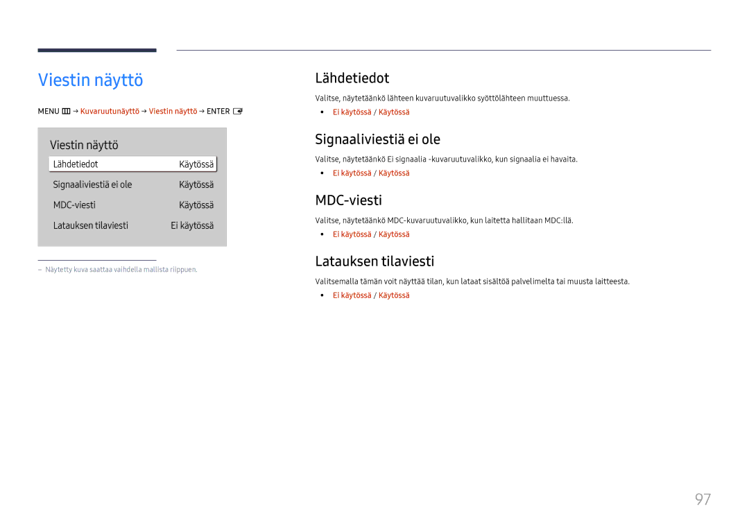 Samsung LH55QHHPLGC/EN manual Viestin näyttö, Lähdetiedot, Signaaliviestiä ei ole, MDC-viesti, Latauksen tilaviesti 