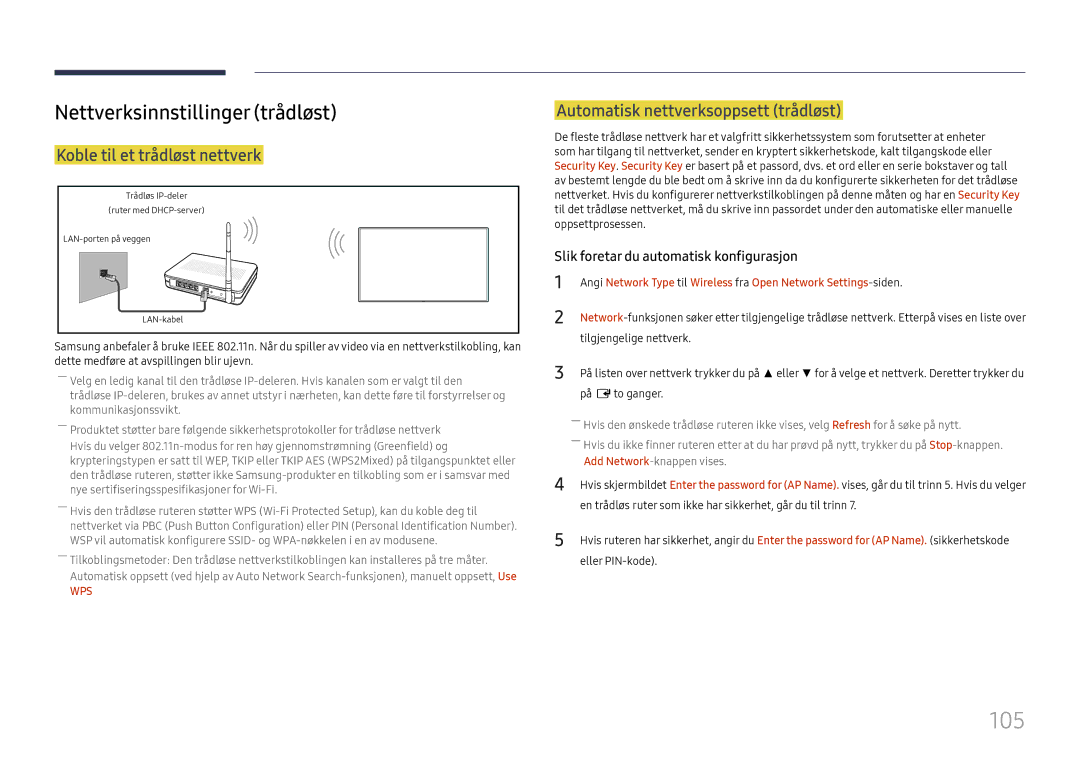 Samsung LH55QMHPLGC/EN, LH65QBHPLGC/EN, LH75QBHPLGC/EN 105, Nettverksinnstillinger trådløst, Koble til et trådløst nettverk 