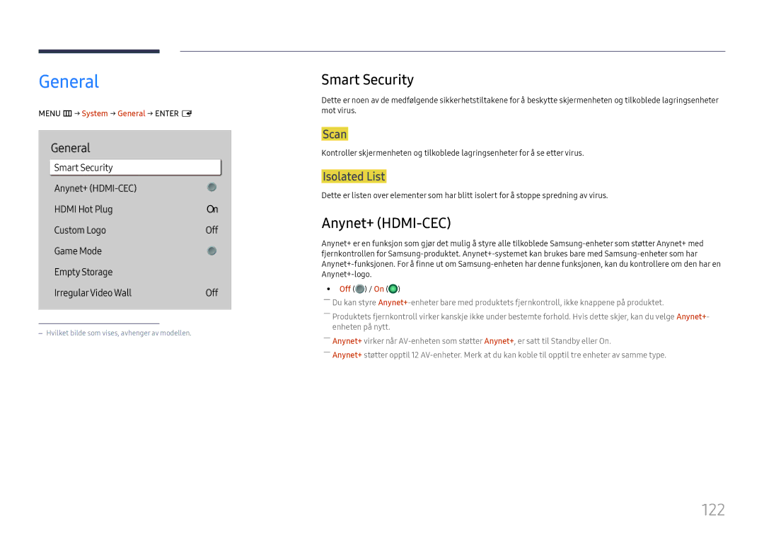 Samsung LH65QHHPLGC/EN, LH65QBHPLGC/EN, LH75QBHPLGC/EN, LH49DBJPLGC/EN manual General, 122, Smart Security, Anynet+ HDMI-CEC 