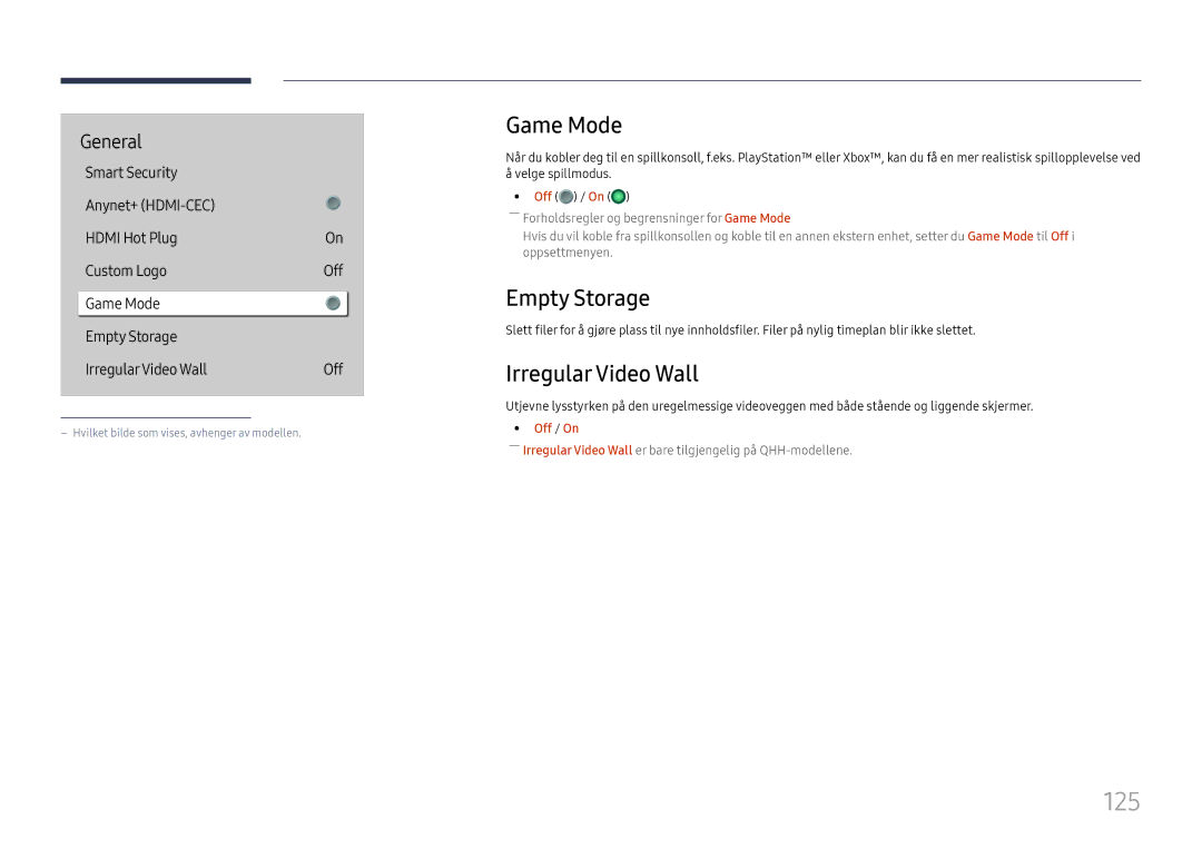 Samsung LH49QMHPLGC/EN, LH65QBHPLGC/EN, LH75QBHPLGC/EN, LH49DBJPLGC/EN 125, Game Mode, Empty Storage, Irregular Video Wall 