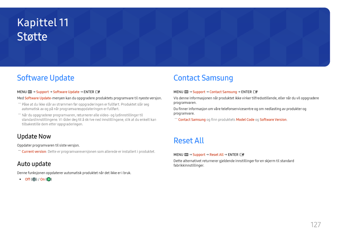 Samsung LH75QBHPLGC/EN, LH65QBHPLGC/EN, LH49DBJPLGC/EN manual Støtte, Software Update, Contact Samsung, Reset All, 127 