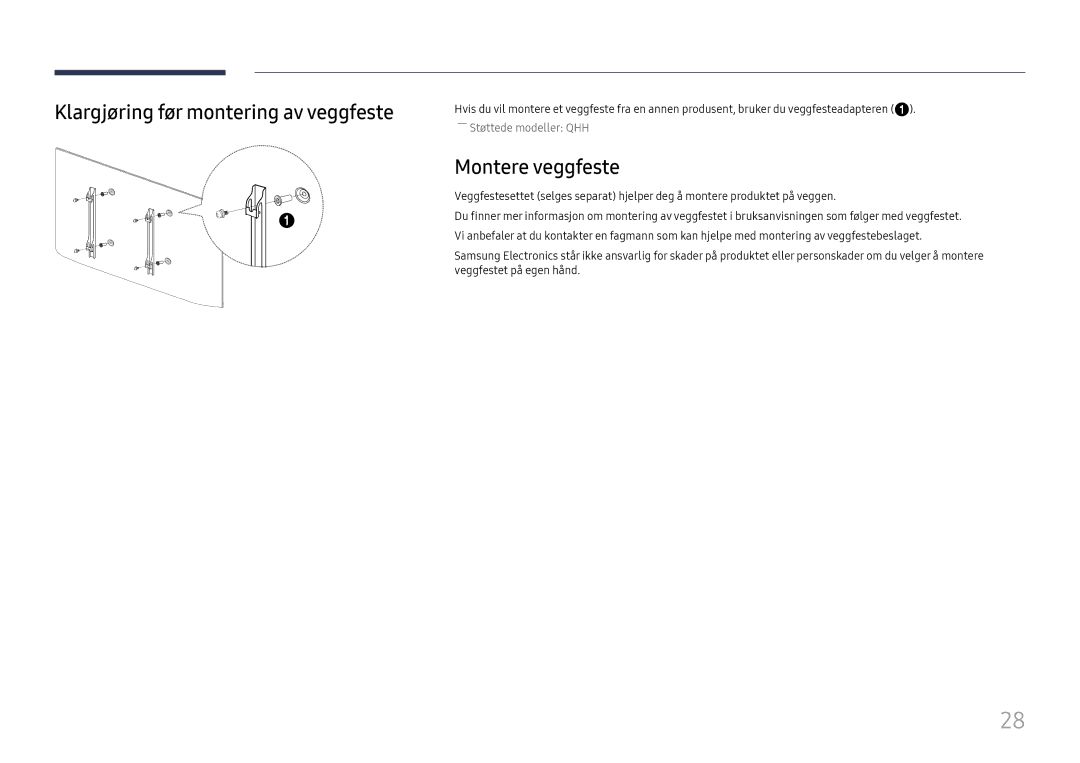 Samsung LH75QBHPLGC/EN, LH65QBHPLGC/EN, LH49DBJPLGC/EN manual Klargjøring før montering av veggfeste, Montere veggfeste 