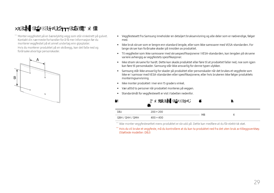 Samsung LH49DBJPLGC/EN, LH65QBHPLGC/EN, LH75QBHPLGC/EN, LH43DBJPLGC/EN, LH65QMHPLGC/EN Spesifikasjoner for veggfeste Vesa 