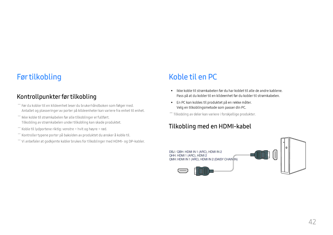 Samsung LH55QMHPLGC/EN Koble til og bruke en kildeenhet, Før tilkobling, Koble til en PC, Kontrollpunkter før tilkobling 