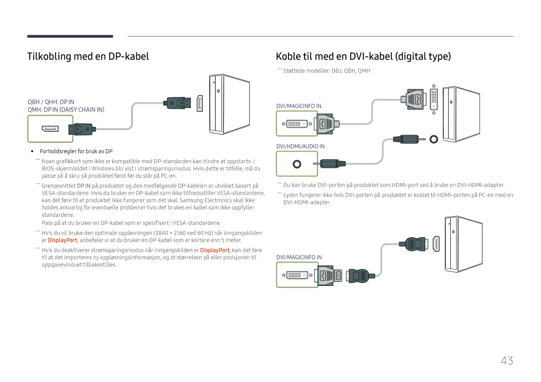 Samsung LH55QHHPLGC/EN, LH65QBHPLGC/EN, LH75QBHPLGC/EN Tilkobling med en DP-kabel, Koble til med en DVI-kabel digital type 