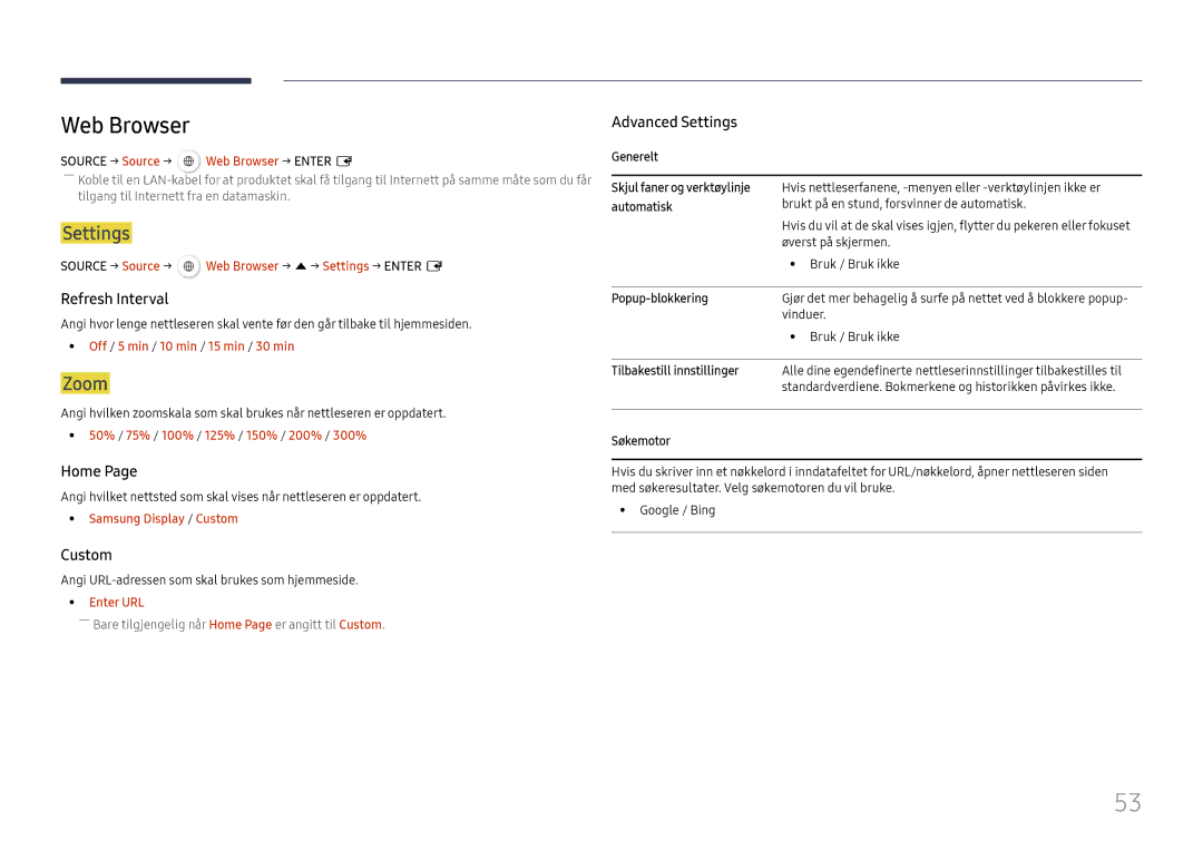 Samsung LH49QMHPLGC/EN, LH65QBHPLGC/EN, LH75QBHPLGC/EN, LH49DBJPLGC/EN, LH43DBJPLGC/EN manual Web Browser, Settings, Zoom 