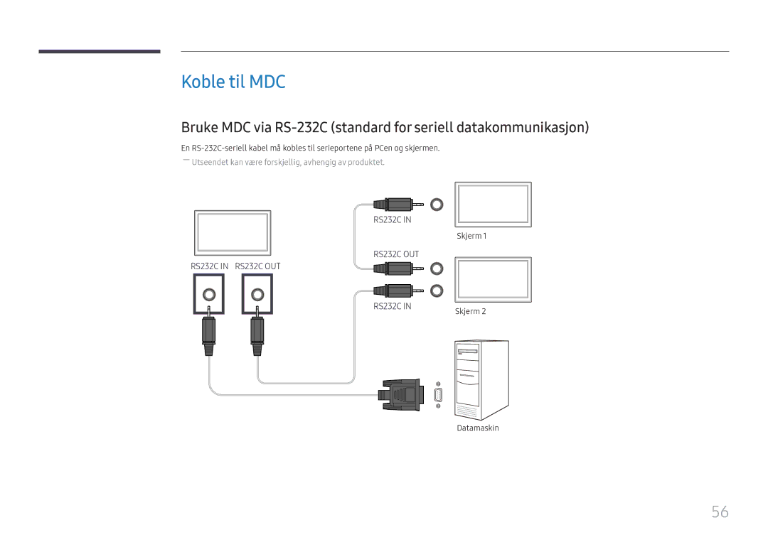 Samsung LH49DBJPLGC/EN, LH65QBHPLGC/EN manual Koble til MDC, Bruke MDC via RS-232C standard for seriell datakommunikasjon 