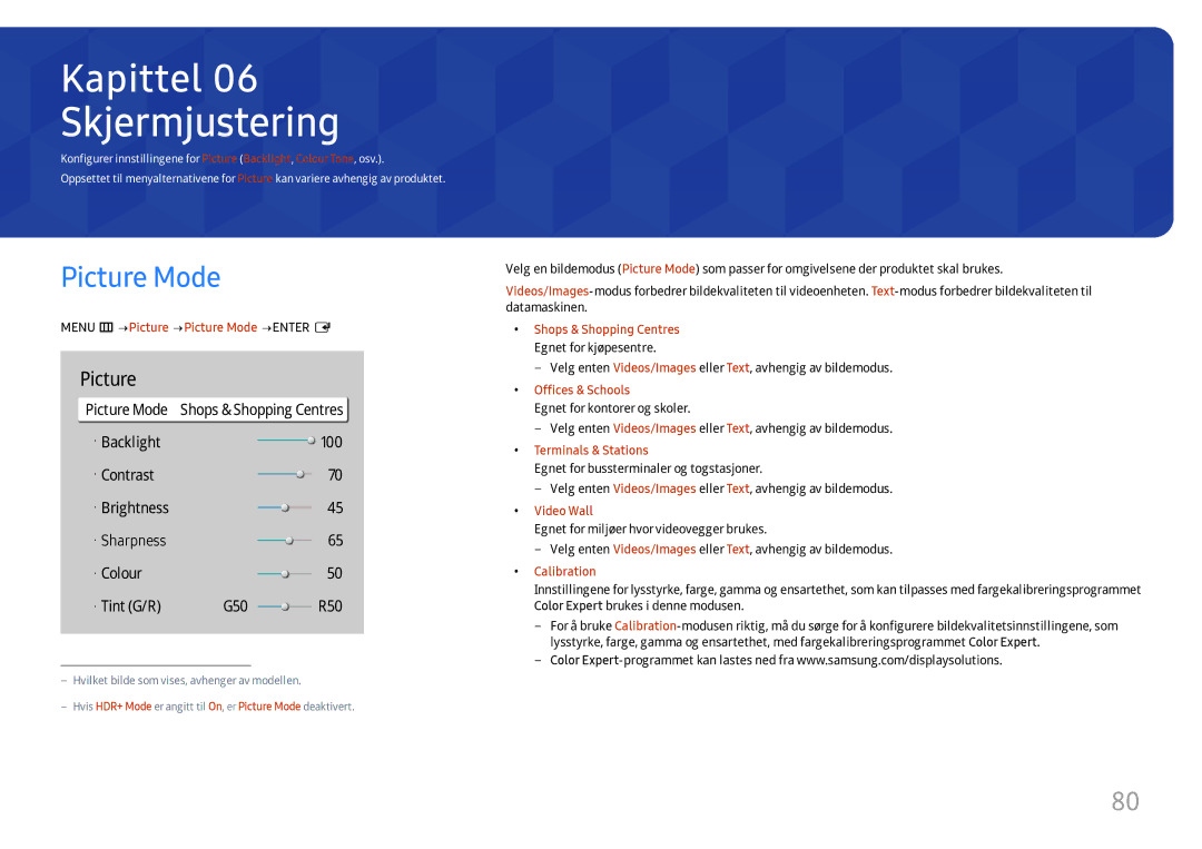 Samsung LH49QMHPLGC/EN, LH65QBHPLGC/EN, LH75QBHPLGC/EN manual Skjermjustering, Menu m→ Picture → Picture Mode → Enter E 