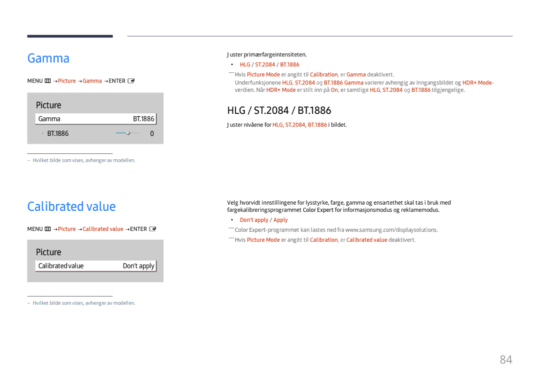 Samsung LH43DBJPLGC/EN, LH65QBHPLGC/EN manual Calibrated value, HLG / ST.2084 / BT.1886, GammaBT.1886 · BT.1886 