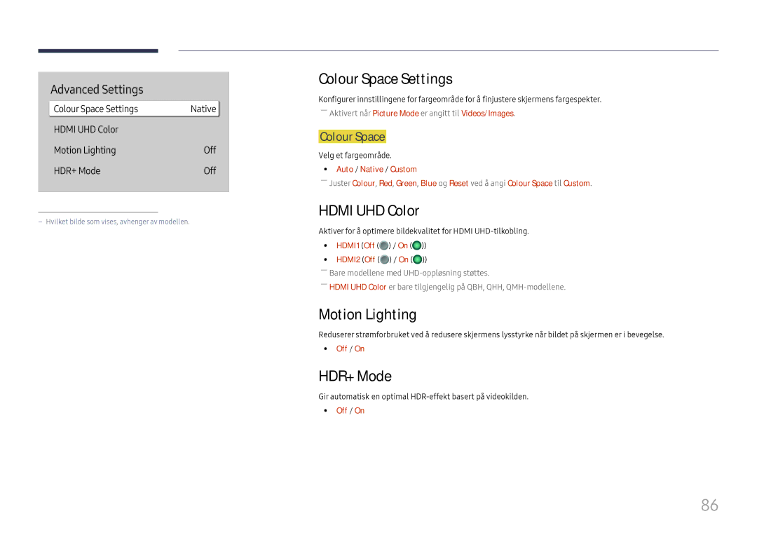 Samsung LH65QHHPLGC/EN, LH65QBHPLGC/EN, LH75QBHPLGC/EN Colour Space Settings, Hdmi UHD Color, Motion Lighting, HDR+ Mode 