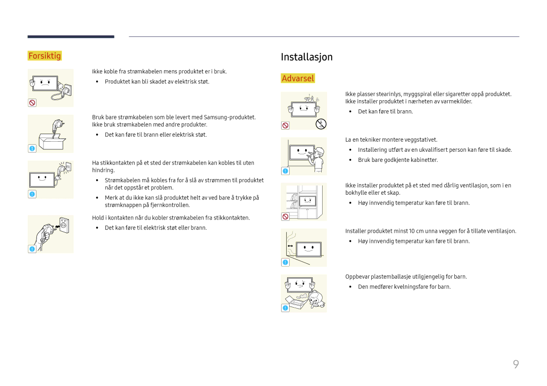 Samsung LH65QBHPLGC/EN, LH75QBHPLGC/EN, LH49DBJPLGC/EN, LH43DBJPLGC/EN, LH65QMHPLGC/EN, LH65QHHPLGC/EN manual Installasjon 