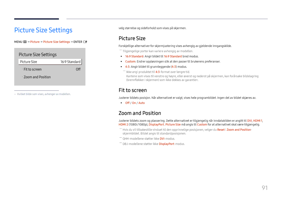 Samsung LH75QBHPLGC/EN, LH65QBHPLGC/EN, LH49DBJPLGC/EN manual Picture Size Settings, Fit to screen, Zoom and Position 