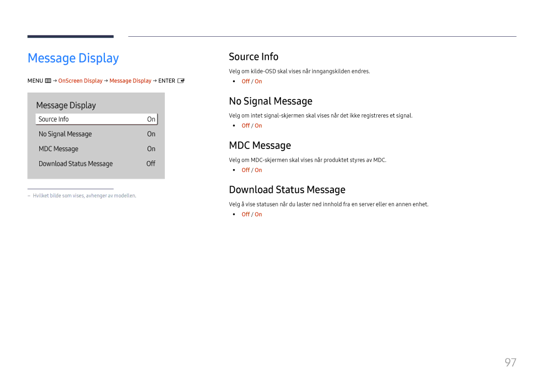 Samsung LH55QHHPLGC/EN manual Message Display, Source Info, No Signal Message, MDC Message, Download Status Message 