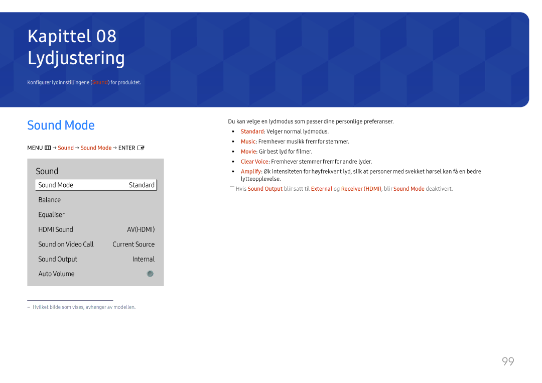 Samsung LH65QBHPLGC/EN, LH75QBHPLGC/EN, LH49DBJPLGC/EN, LH43DBJPLGC/EN, LH65QMHPLGC/EN manual Lydjustering, Sound Mode 