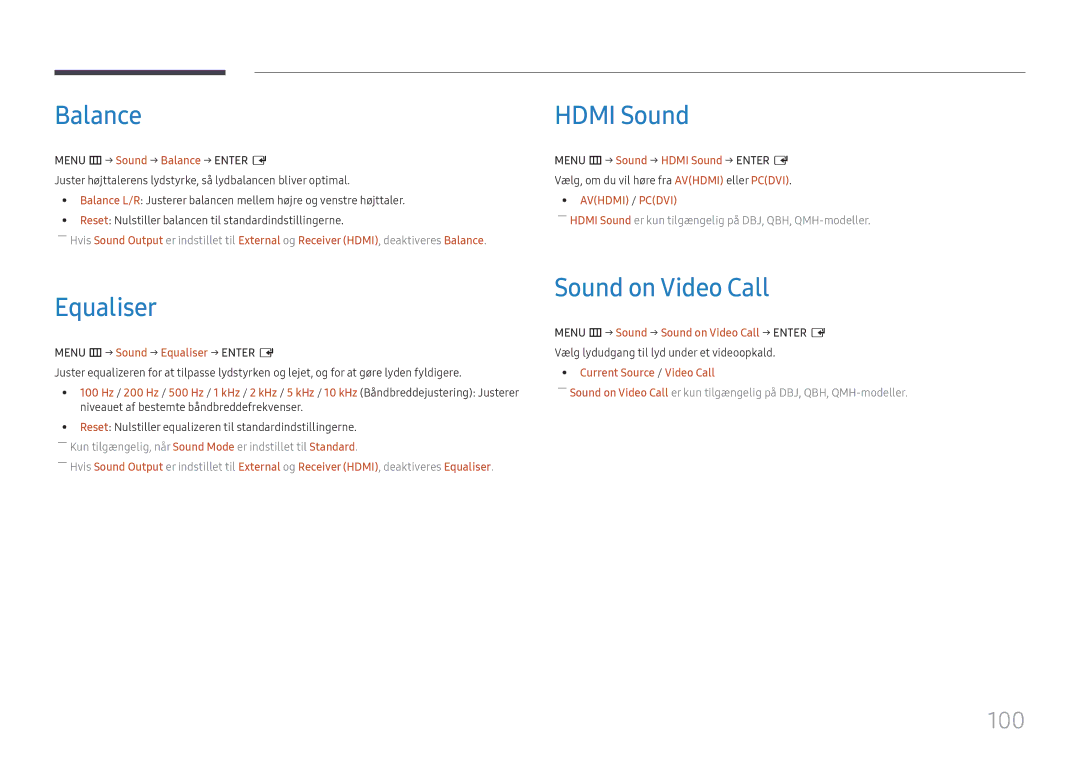 Samsung LH75QBHPLGC/EN, LH65QBHPLGC/EN, LH49DBJPLGC/EN manual Balance Hdmi Sound, Equaliser, Sound on Video Call, 100 