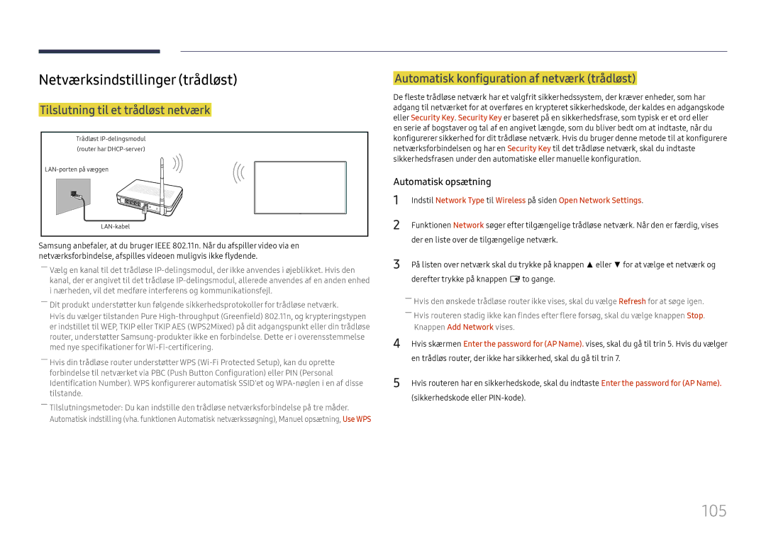 Samsung LH55QMHPLGC/EN, LH65QBHPLGC/EN manual 105, Netværksindstillinger trådløst, Tilslutning til et trådløst netværk 