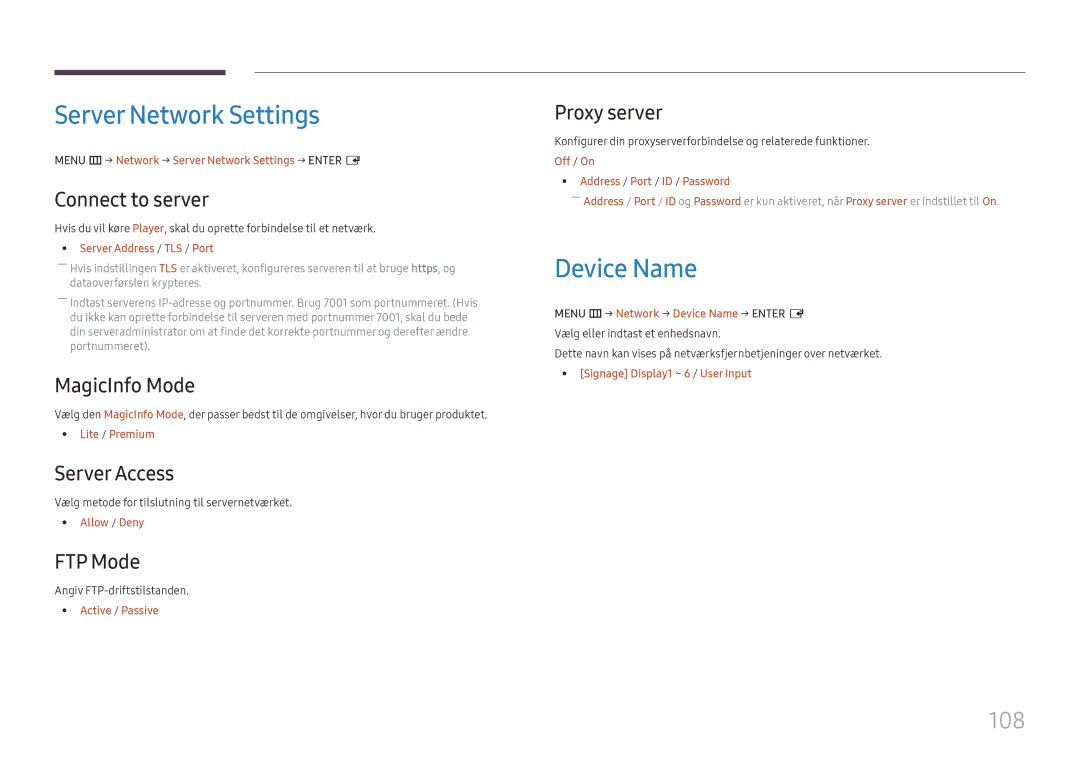 Samsung LH65QBHPLGC/EN, LH75QBHPLGC/EN, LH49DBJPLGC/EN, LH43DBJPLGC/EN manual Server Network Settings, Device Name, 108 