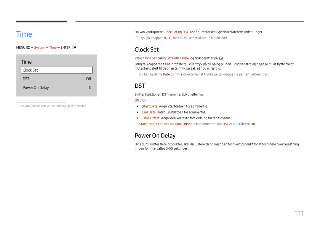 Samsung LH43DBJPLGC/EN, LH65QBHPLGC/EN, LH75QBHPLGC/EN, LH49DBJPLGC/EN, LH65QMHPLGC/EN Time, 111, Clock Set, Power On Delay 