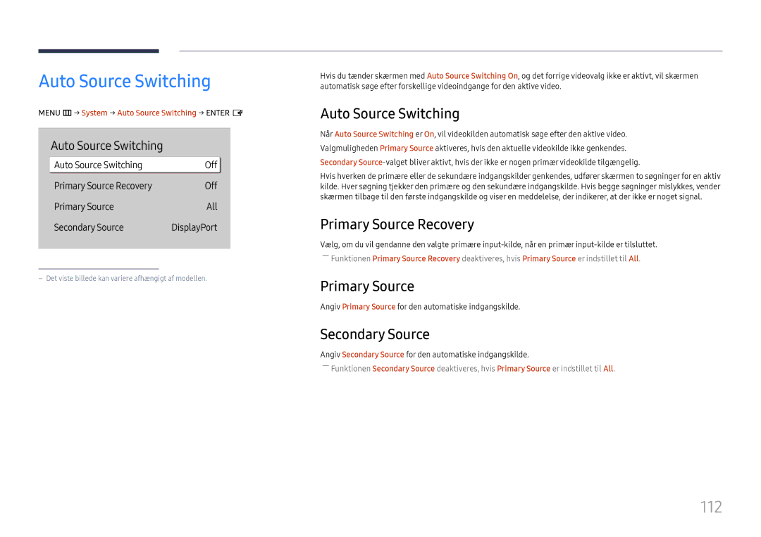 Samsung LH65QMHPLGC/EN, LH65QBHPLGC/EN, LH75QBHPLGC/EN, LH49DBJPLGC/EN, LH43DBJPLGC/EN manual Auto Source Switching, 112 