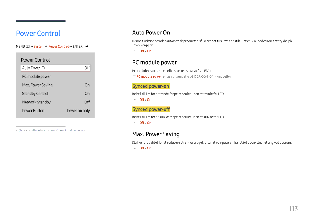 Samsung LH65QHHPLGC/EN, LH65QBHPLGC/EN manual Power Control, 113, Auto Power On, PC module power, Max. Power Saving 