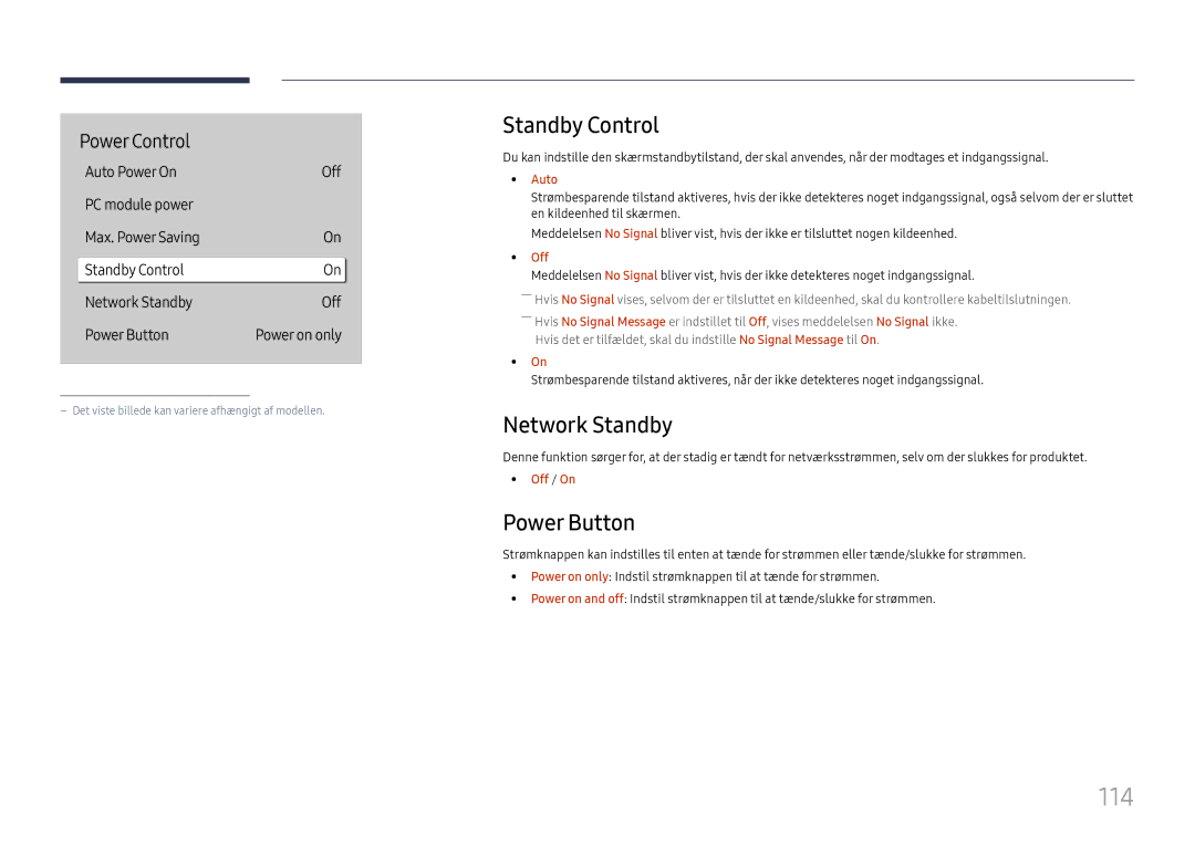 Samsung LH55QMHPLGC/EN, LH65QBHPLGC/EN, LH75QBHPLGC/EN manual 114, Standby Control, Network Standby, Power Button, Auto 