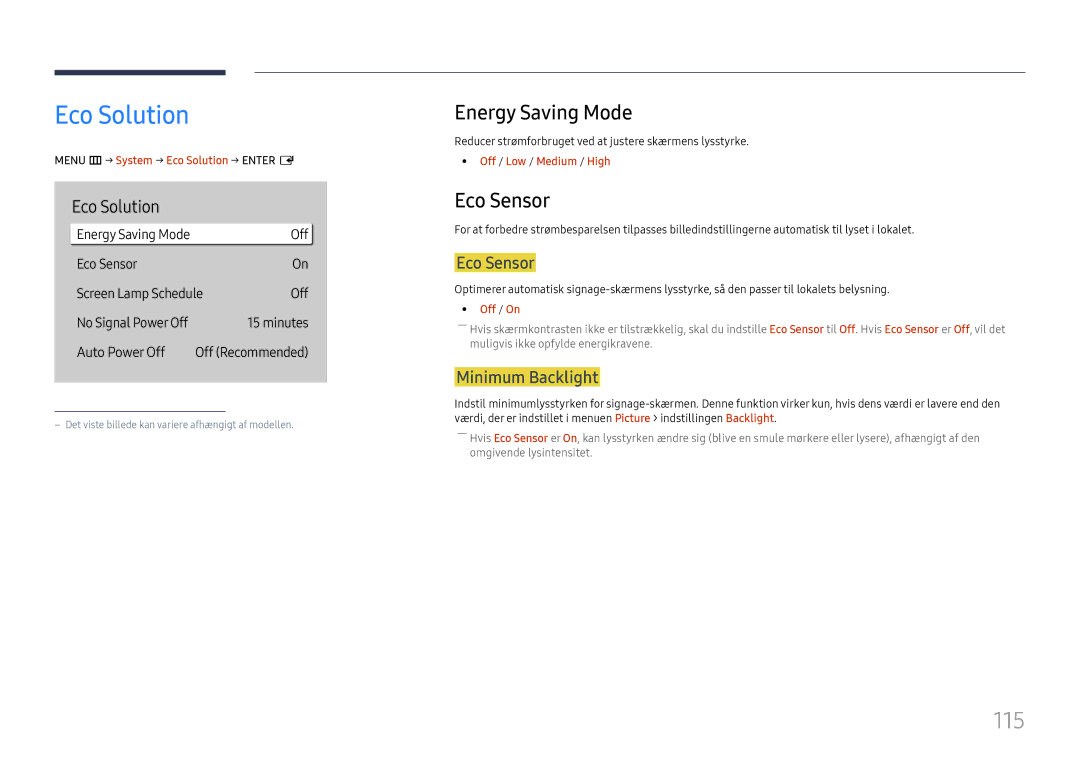 Samsung LH55QHHPLGC/EN, LH65QBHPLGC/EN, LH75QBHPLGC/EN, LH49DBJPLGC/EN Eco Solution, 115, Energy Saving Mode, Eco Sensor 