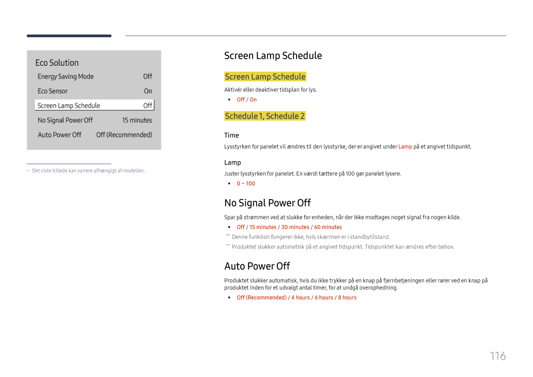 Samsung LH49QMHPLGC/EN, LH65QBHPLGC/EN, LH75QBHPLGC/EN manual 116, Screen Lamp Schedule, No Signal Power Off, Auto Power Off 