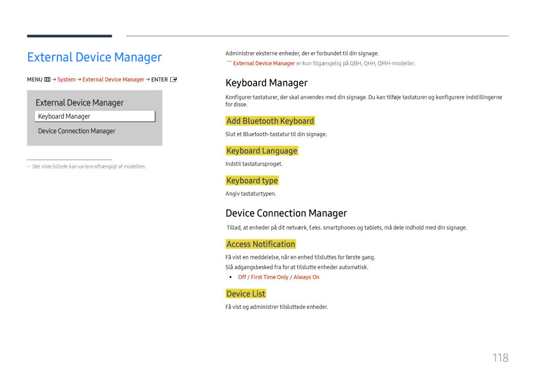 Samsung LH75QBHPLGC/EN, LH65QBHPLGC/EN manual External Device Manager, 118, Keyboard Manager, Device Connection Manager 