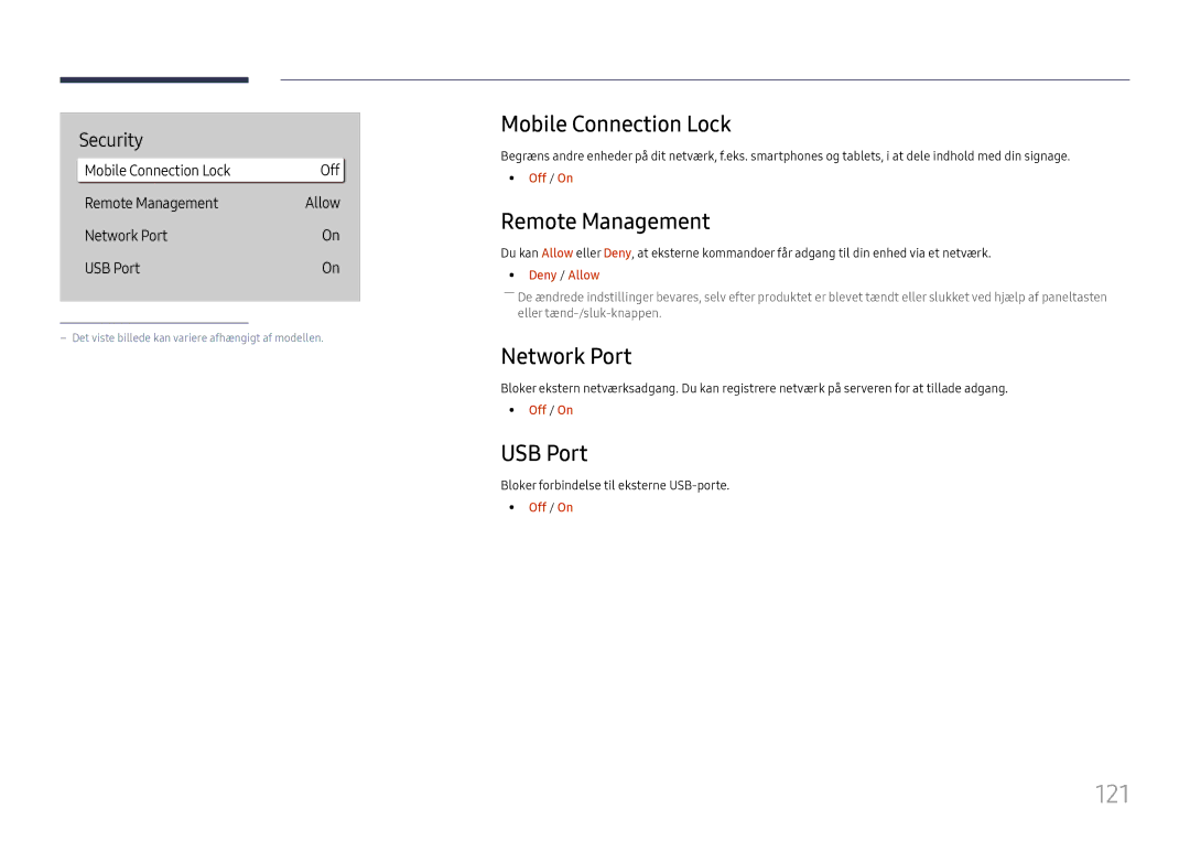 Samsung LH65QMHPLGC/EN, LH65QBHPLGC/EN manual 121, Mobile Connection Lock, Remote Management, Network Port, USB Port 